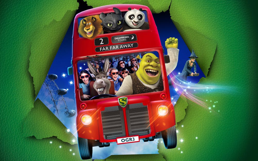 Shrek's Adventure London - Shrek and friends on a flying London bus to Far Far Away